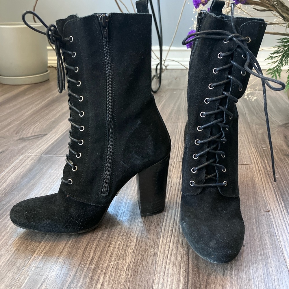 Black Suede Lace-Up Ankle Boots